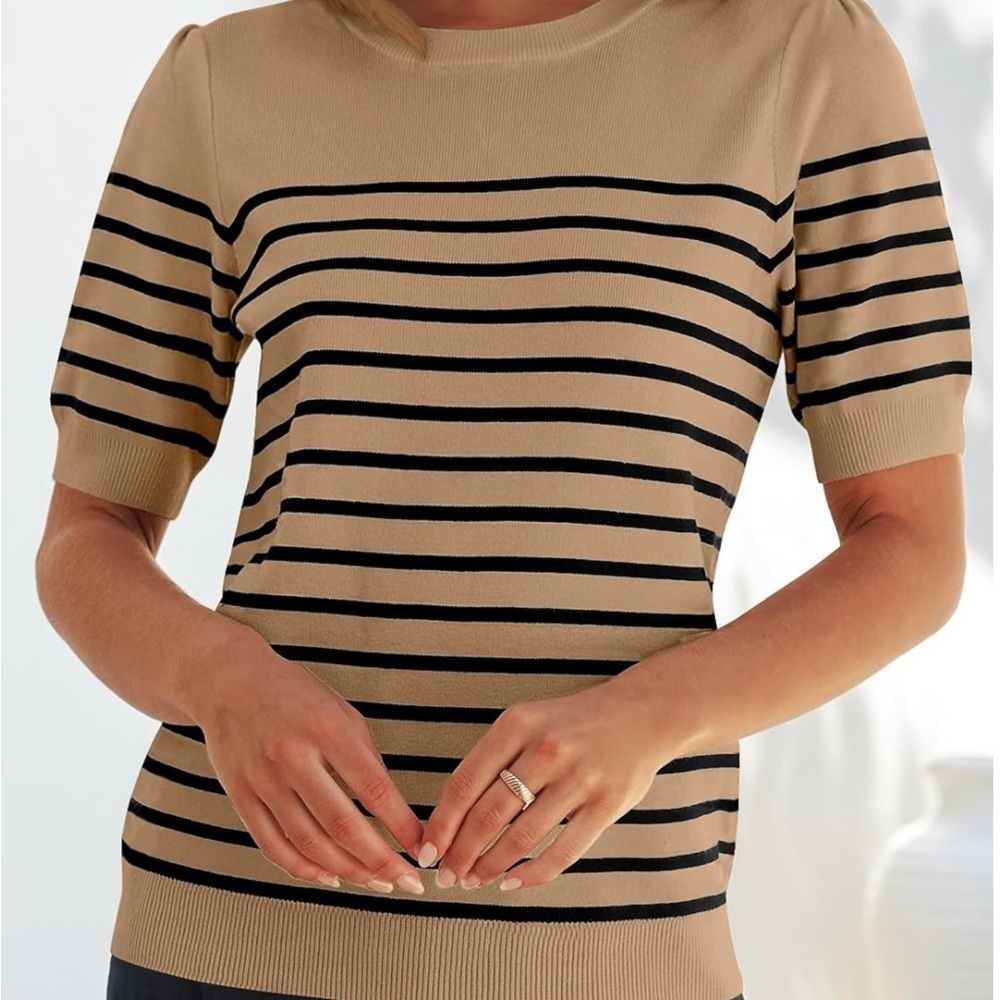 Striped Tan and Black Women's Crew Neck Sweater